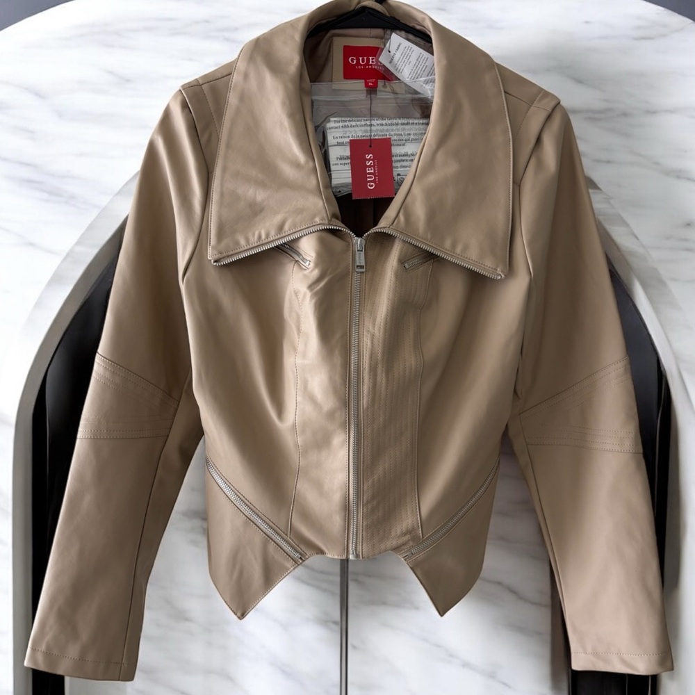 Guess Tan Leather Jacket with Wide Collar and Cropped Hem